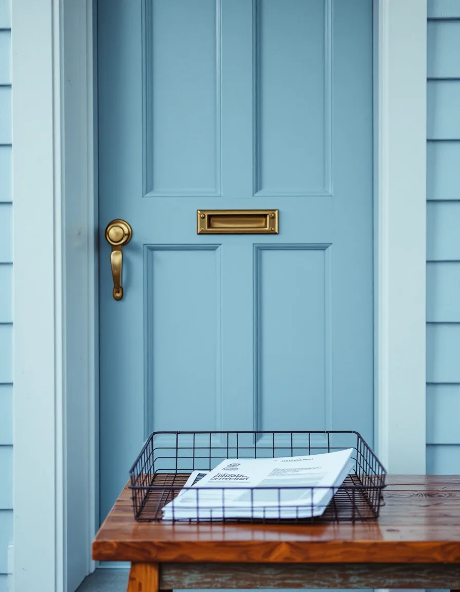 The pale blue front door of the Havelo desk on Mohawk Drive, with a document tray holding a folded instructions-for-use booklet and a marked-up carton proof.